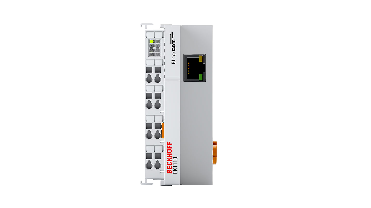 EK1110 | EtherCAT network extension; network protocol: EtherCAT; transmission medium: Ethernet/EtherCAT cable (min. Cat.5), shielded; distance between stations: 100 m (100BASE-TX)
