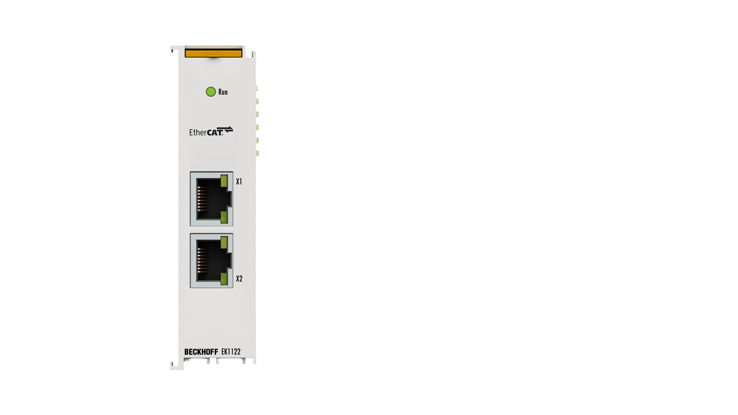 EK1122 | EtherCAT junction; number of ports: 2; task within EtherCAT system: coupling of EtherCAT junctions; transmission medium: Ethernet/EtherCAT cable (min. Cat.5), shielded