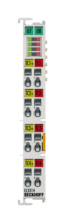 EL3314 | analog input module; number of inputs: 4; input filter cut-off frequency: typ. 1 kHz; resolution: 16 bit, representation adjustable: 0.1/0.01 °C or 1/2/4 µV per digit