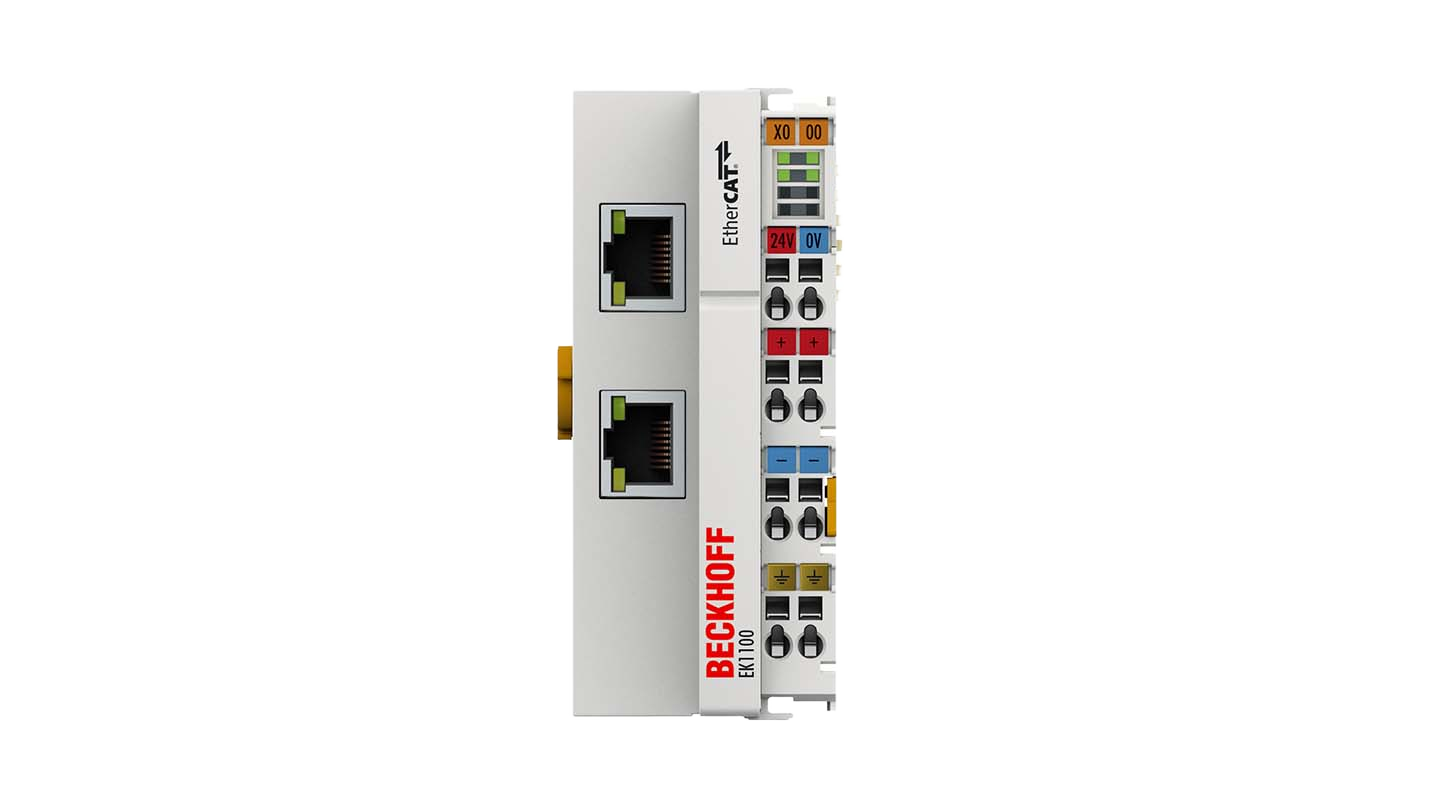 EK1100 | EtherCAT-väyläkytkin; tehtävä EtherCAT-järjestelmässä: EtherCAT-liitinmoduulien (ELxxxx) liittäminen 100BASE-TX EtherCAT -verkkoon; protokolla: EtherCAT