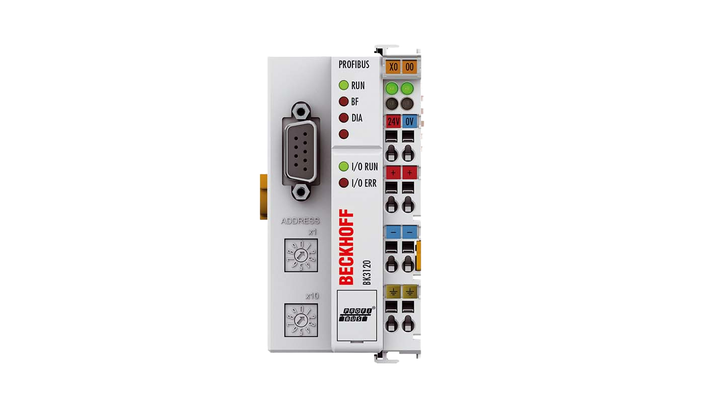 BK3120 | PROFIBUS bus coupler; network protocol: PROFIBUS; number of Bus Terminals: 64 (255 with K-bus extension); max. number of bytes fieldbus: 128 byte input and 128 byte output, product image 1