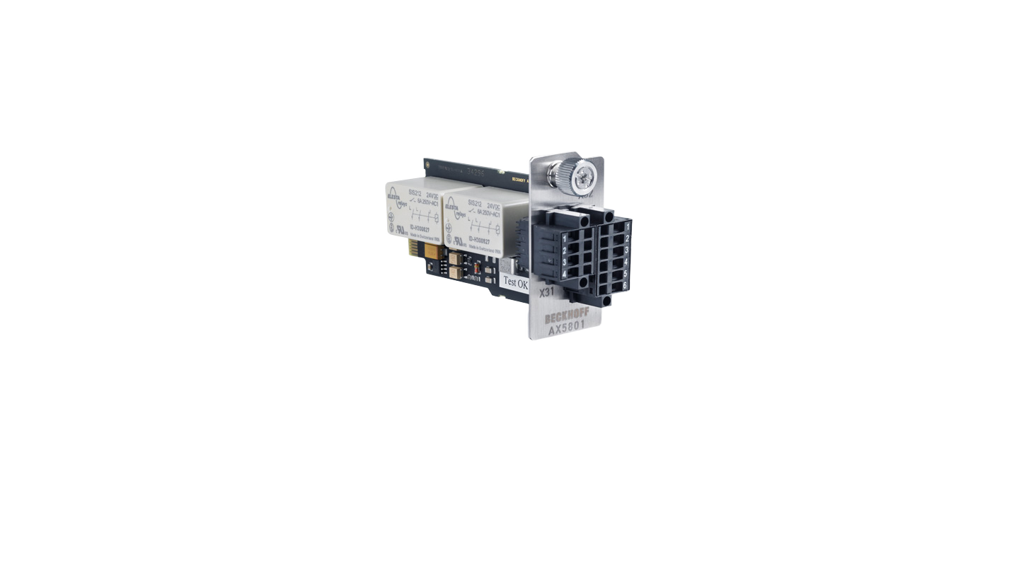 AX5801-0200 | TwinSAFE drive option card; safe stop functions: STO and SS1; compatible drive current range: 1.5…40 A; performance level: EN ISO 13849-1 Cat. 4, PL e, product image 1